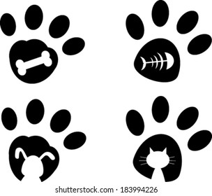 Creative cartoon design of dog and cat paws. 