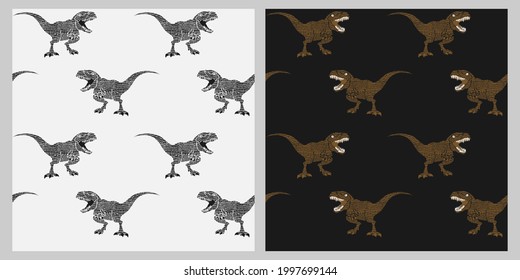 Creative cartoon dinosaur with crocodile screen effect seamless vector pattern isolated on white and black background. design for use background, textile, fabric, wrapping paper and others. 