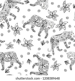 Creative cartoon hand drawn tiger and leopard in ink flowers seamless repeat pattern on white  background