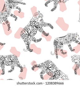 Creative cartoon hand drawn tiger and leopard in ink flowers seamless repeat pattern on white spotted background