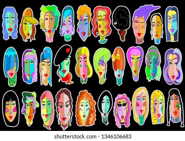 Creative cartoon heads of men and women. Art design of T-shirts, cups, paintings, magazine, brochures and more.