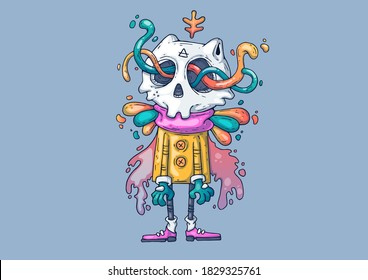 Creative Cartoon Illustration. funny monster with a skull.