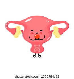 Creative cartoon illustration of a happy uterus character with arms and a cheerful expression