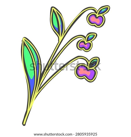 A creative cartoon illustration of a lily of the valley plant featuring whimsical apple-shaped flowers and vibrant neon leaves.