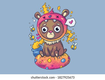 Creative Cartoon Illustration. Moody bear with a pot of honey.