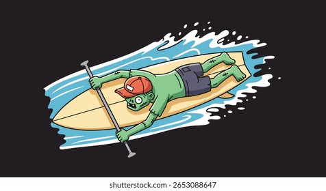 Creative cartoon illustration of a zombie enjoying stand up paddleboarding in the ocean waters