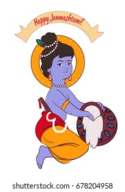 Creative cartoon illustration,poster or banner for indian festival of janmashtami celebration.Little baby Krishna with a pot of makhan