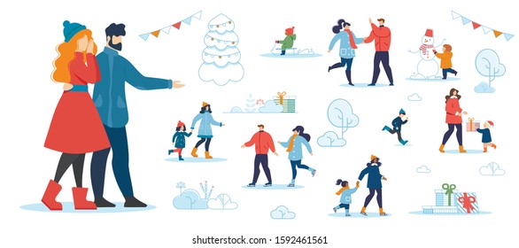 Creative Cartoon with Man Offering Woman Different Kinds of Winter Rest. Rest in Snowy Park, Skating on Urban Ice Rink, Spending Time with Kids, Making Snowman. Gift Exchange. Vector Flat Illustration