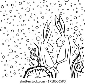 A creative cartoon rabbits in love and thought bubble in grunge texture pattern style.