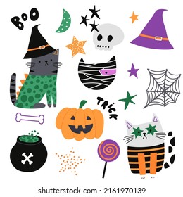 Creative cartoon set with Halloween elements isolated on white. Vector illustrations