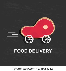 Creative cartoon style image of rib eye steak on wheels over black, white food delivery inscription