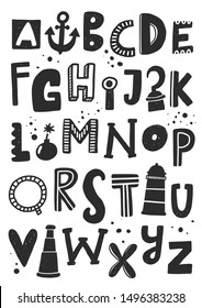 Creative cartoon typeset. Pirates hand drawn vector alphabet. Anchor, lighthouse, spyglass isolated cliparts collection. Grunge letters with ink drops.