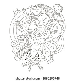 Creative cartoon vector doodles hand drawn sketch background. Coloring page, book. 