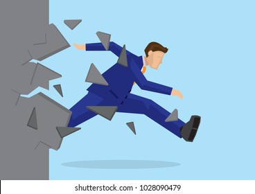 Creative cartoon vector illustration of businessman breaking wall. Metaphor concept about breaking through obstacle to achieve success.