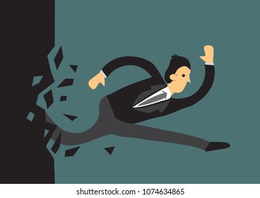 Creative cartoon vector illustration of businessman breaking wall. Metaphor concept about breaking through obstacle to achieve success.