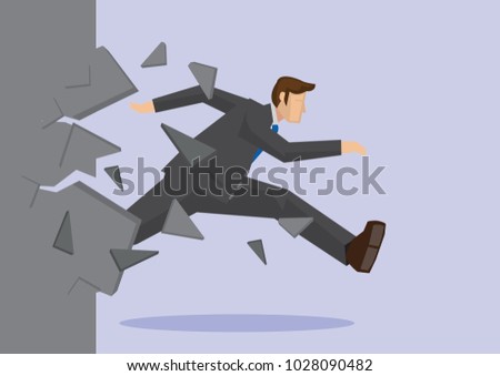 Creative cartoon vector illustration of businessman breaking wall. Metaphor concept about breaking through obstacle to achieve success.