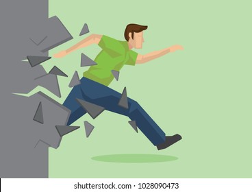 Creative cartoon vector illustration of employee breaking wall. Metaphor concept about breaking through obstacle to achieve success.