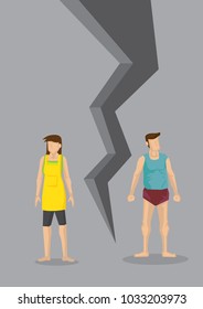 Creative cartoon vector illustration of sad couple turning away from each other. Concept of breaking up relationship after argument. Message of crisis, failure, separation or divorce of couple.