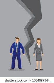 Creative cartoon vector illustration of sad couple turning away from each other. Concept of breaking up relationship after argument. Message of crisis, failure, separation or divorce of couple.