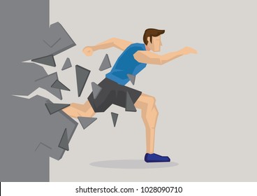 Creative cartoon vector illustration of sport man breaking wall. Metaphor concept about breaking through obstacles to achieve success.