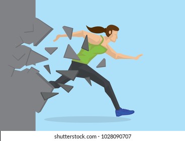 Creative Cartoon Vector Illustration Of Woman Breaking Wall. Metaphor Concept About Breaking Through Obstacle Of Woman Power To Achieve Success.