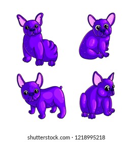 Creative cartoon vector set of purple-colored French bulldog isolated on white background