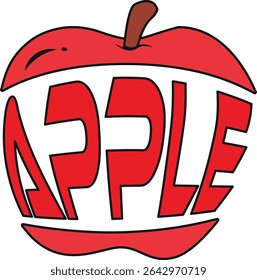 Creative cartoon-style apple illustration with bold red typography spelling "APPLE" integrated into the fruit shape. Ideal for kids, education, food, and graphic design projects.