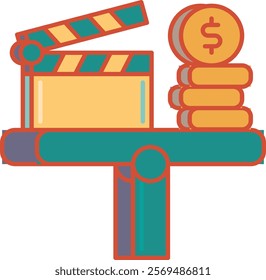 Creative cartoon-style depiction of film budgeting with a clapperboard and coins, symbolizing financial planning in the movie industry. Perfect for projects on cinema investment and production costs