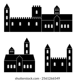 Creative Castle Design Template. Medieval buildings with tower, lattice and battlements. Vector icon. Silhouette with multiple towers and spires. Simple doodle black filled hand drawn vector