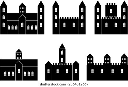 Creative Castle Design Template. Medieval buildings with tower, lattice and battlements. Vector icon. Silhouette with multiple towers and spires. Simple doodle black filled hand drawn vector