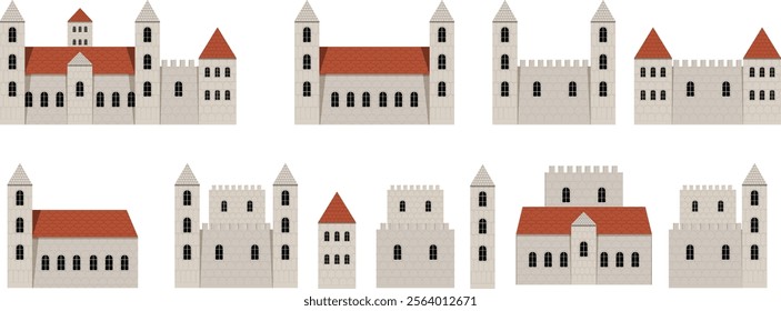 Creative Castle Design Template. Medieval buildings with tower, lattice and battlements. Vector icon. Silhouette with multiple towers and spires. Simple doodle black filled hand drawn vector