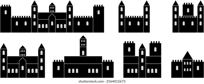 Creative Castle Design Template. Medieval buildings with tower, lattice and battlements. Vector icon. Silhouette with multiple towers and spires. Simple doodle black filled hand drawn vector