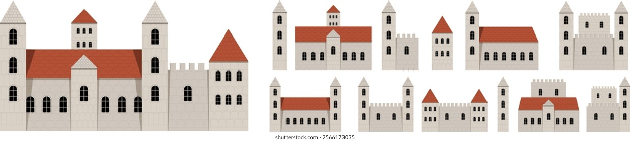 Creative Castle Design Template. Medieval buildings with tower, lattice and battlements. Vector icon. Silhouette with multiple towers and spires. Simple doodle black filled hand drawn vector