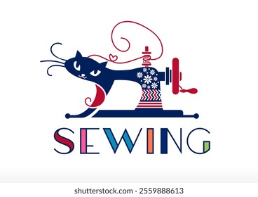 Creative Cat Crafting Sewing Machine Logo Design Vector Icon Symbol Illustration this brand identity logo design can use social media website marketing agency and many business company service