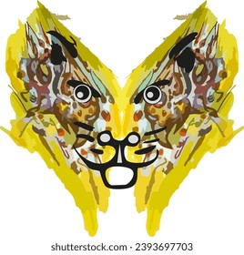 Creative cat head splashes in butterfly form on white for prints on T-shirts or fabrics. Multicolor cat head for stiker, fashion trends, interior solutions, emblems, covers, posters, textiles, etc.