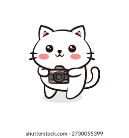 Creative cat mascot holding a camera, ideal for photography-themed hobbies, logos, and creative designs.