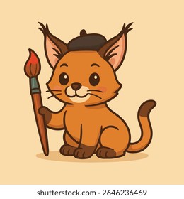 Creative Cat with Paintbrush, A charming cartoon cat, adorned with an artist's beret, proudly holds a paintbrush, showcasing its creative spirit and artistic flair.