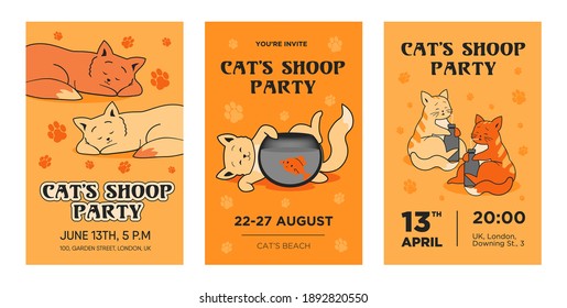 Creativos diseños de invitaciones a fiestas de gatos. Invitaciones de conciertos instrumentales modernas con instrumentos musicales. El concepto de mascotas y animales domésticos. Plantilla para folleto, pancarta o folleto