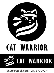 A creative cat warrior logo design featuring a stylized cat with a headband in a circular frame
