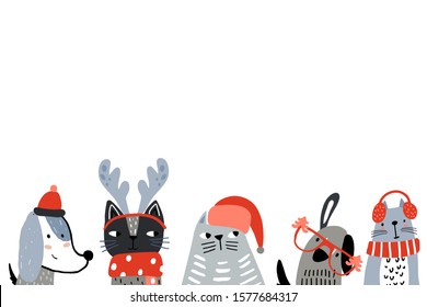 Creative cats and dogs banner frame with text place. Winter holiday background with funny pets. Vector illustration