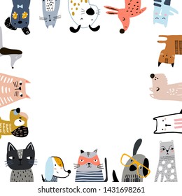 Creative cats and dogs square frame with text place. Vector illustration