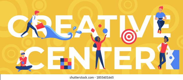 Creative center concept vector illustration. Cartoon flat people work with vr glasses or laptop, create ideas, research success startup in office creativity studio, creating service design background