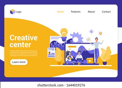 Creative center flat landing page vector template. Company department, advertising agents faceless characters. Teamwork, idea generation, social media advertisement web banner homepage design layout