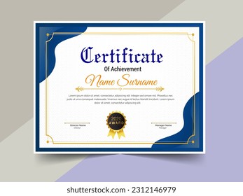 creative certificate of achievement template design. luxury elegant blue and gold diploma, corporate training certificate design