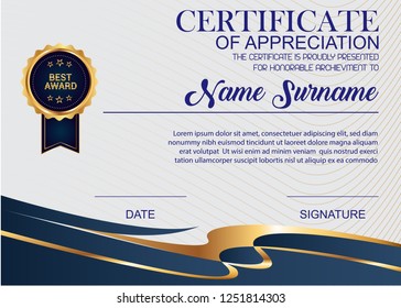 creative certificate of appreciation award template. Illustration certificate horizontal in A4 size pattern.
