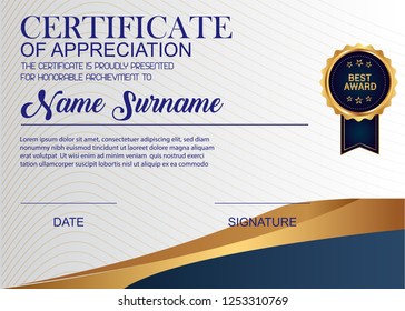 Creative Certificate Of Appreciation Award Template. Illustration Certificate Horizontal In A4 Size Pattern.
