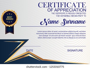 Creative Certificate Of Appreciation Award Template. Illustration Certificate Horizontal In A4 Size Pattern.