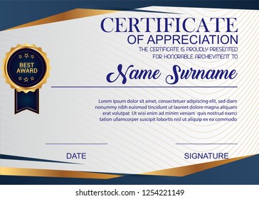 Creative Certificate Of Appreciation Award Template. Illustration Certificate Horizontal In A4 Size Pattern.
