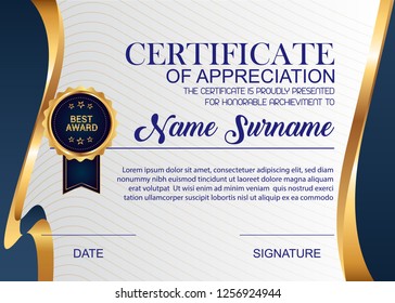 Creative Certificate Of Appreciation Award Template. Illustration Certificate Horizontal In A4 Size Pattern.