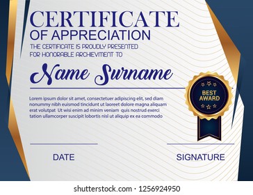 Creative Certificate Of Appreciation Award Template. Illustration Certificate Horizontal In A4 Size Pattern.